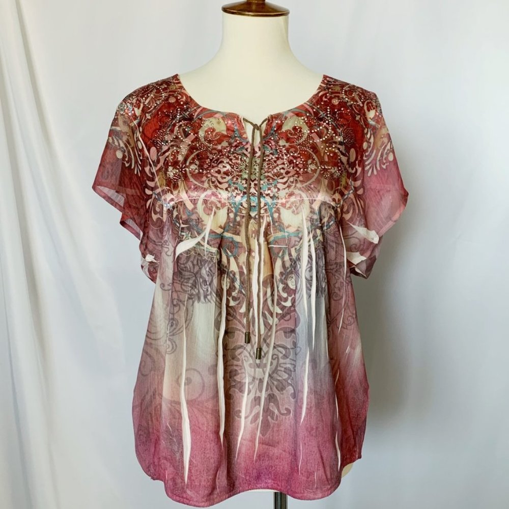 Dressbarn Rose Colored Beaded & Patterned Blouse w/ Flutter Sleeves Size Medium